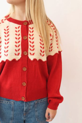 red button up sweater